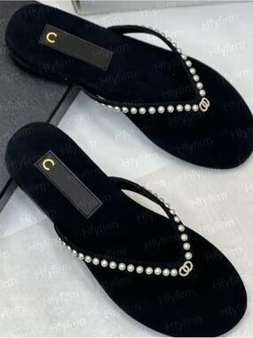 CHANEL Black Velvet Pearl-Trim Flip Flop Sandals